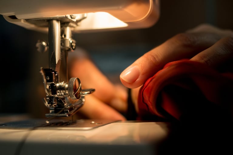 Detail photograph of a woman's hands with a sewing machine