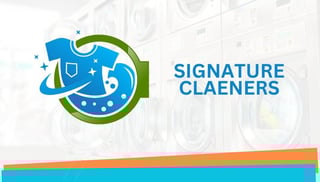 Signature Cleaners logo featuring a blue and green circular emblem with cleaning icons and sparkles
