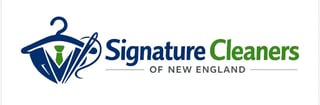 Signature Cleaners of New England logo featuring a shield with a hanger and tie design